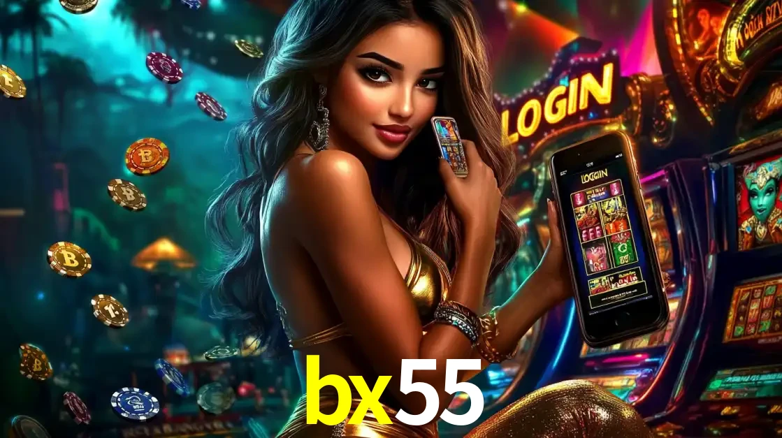 Mulher em um cenário de cassino temático de aventura, mostrando o app de caça-níqueis da bx55 no celular. Fichas de apostas flutuam ao redor.