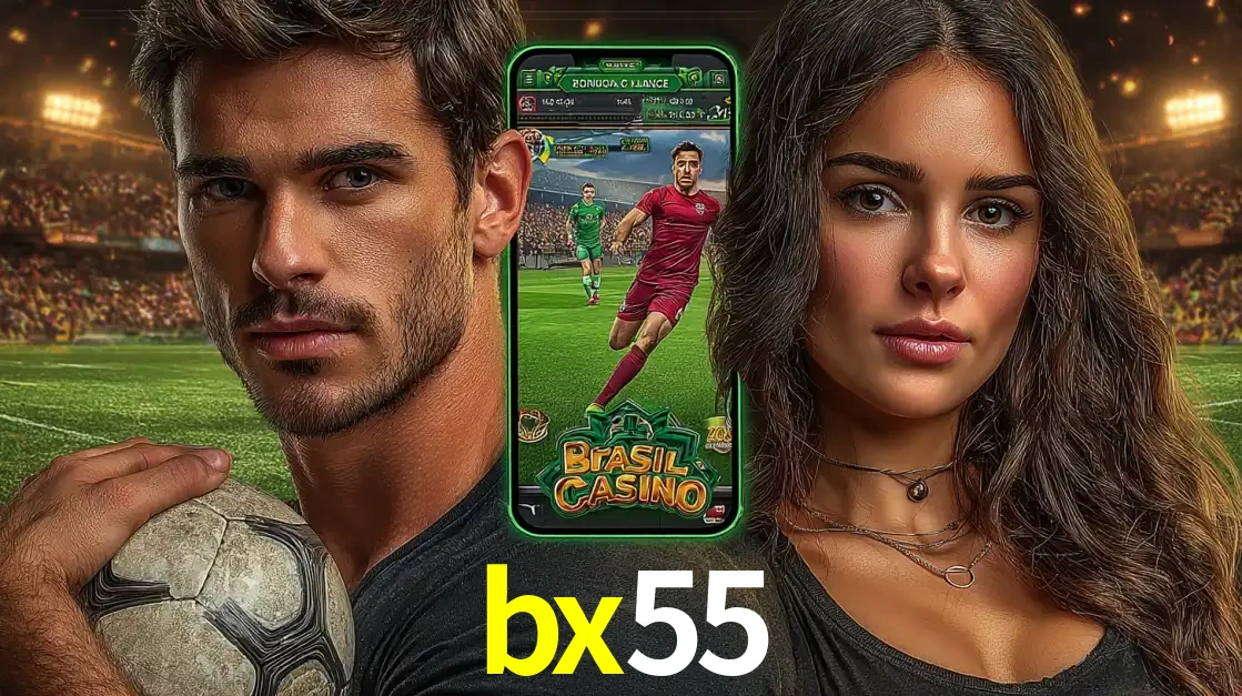 Homem segurando uma bola de futebol e uma mulher ao lado de um smartphone exibindo o jogo de apostas esportivas da bx55. Faça seu palpite no cassino online.